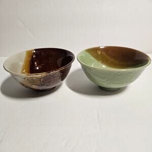 Vintage Chinese Sancai Drip Glaze Embossed Rice Bowls – Rooster & Peony Set